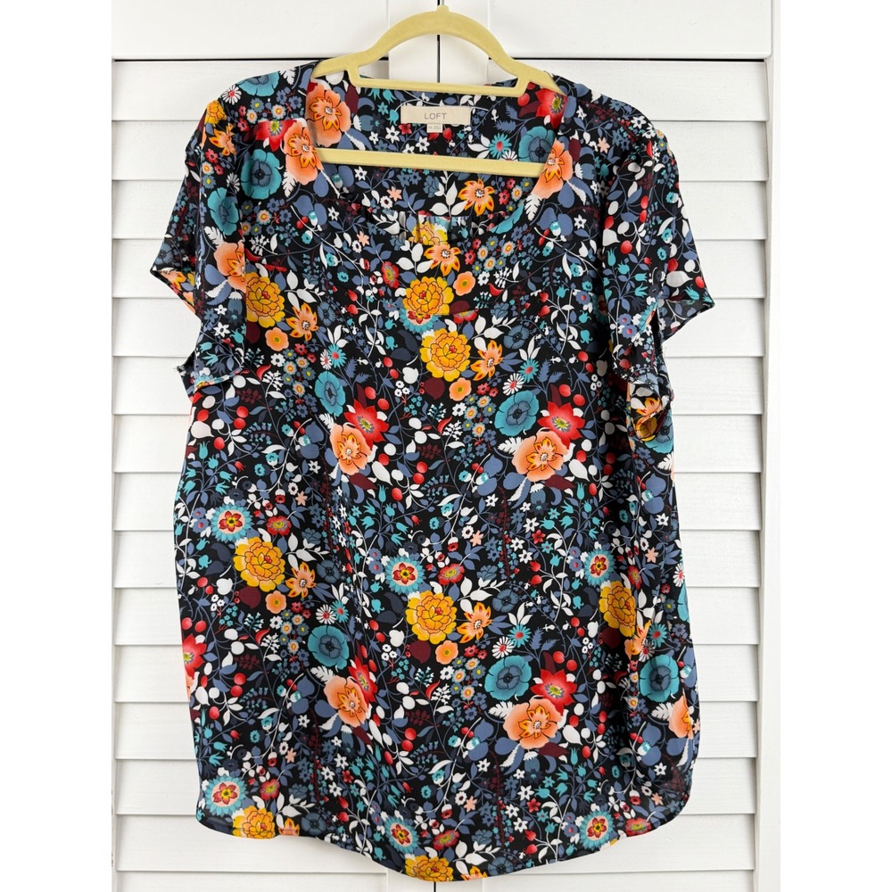 LOFT Floral Blouse Womens XXL Black Multi Short Sleeve Pleated Back NEW